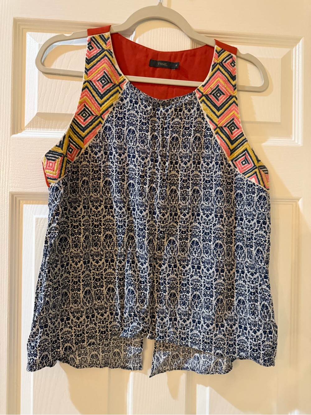 Anthropologie THML Navy Printed Tank with Coral, Yellow & Pink Embroidered Yoke